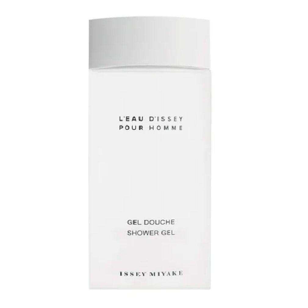 Gel douche blanc avec texte L'Eau d'Issey pour Homme. Issey Miyake est visible en bas.