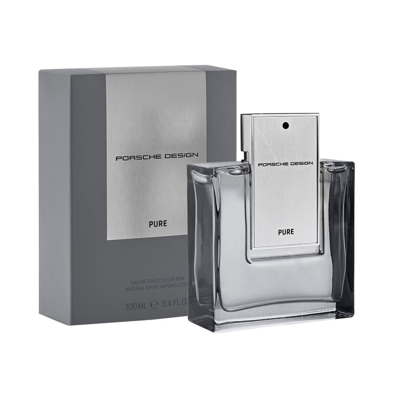 Flakon und Verpackung von Porsche Design Pure. Rechteckiger Glasflakon mit silberfarbenem Deckel und Schriftzug. Graue Verpackung.