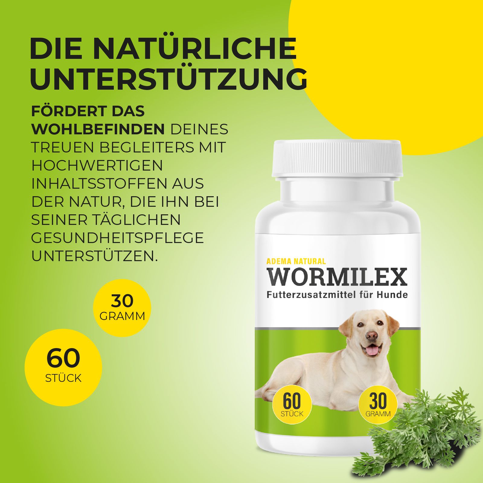 Weiße Flasche mit Produktetikett. Text: Adema Natural Wormilex, Futterzusatzmittel für Hunde. 60 Stück, 30 Gramm. Gelber Hintergrund.