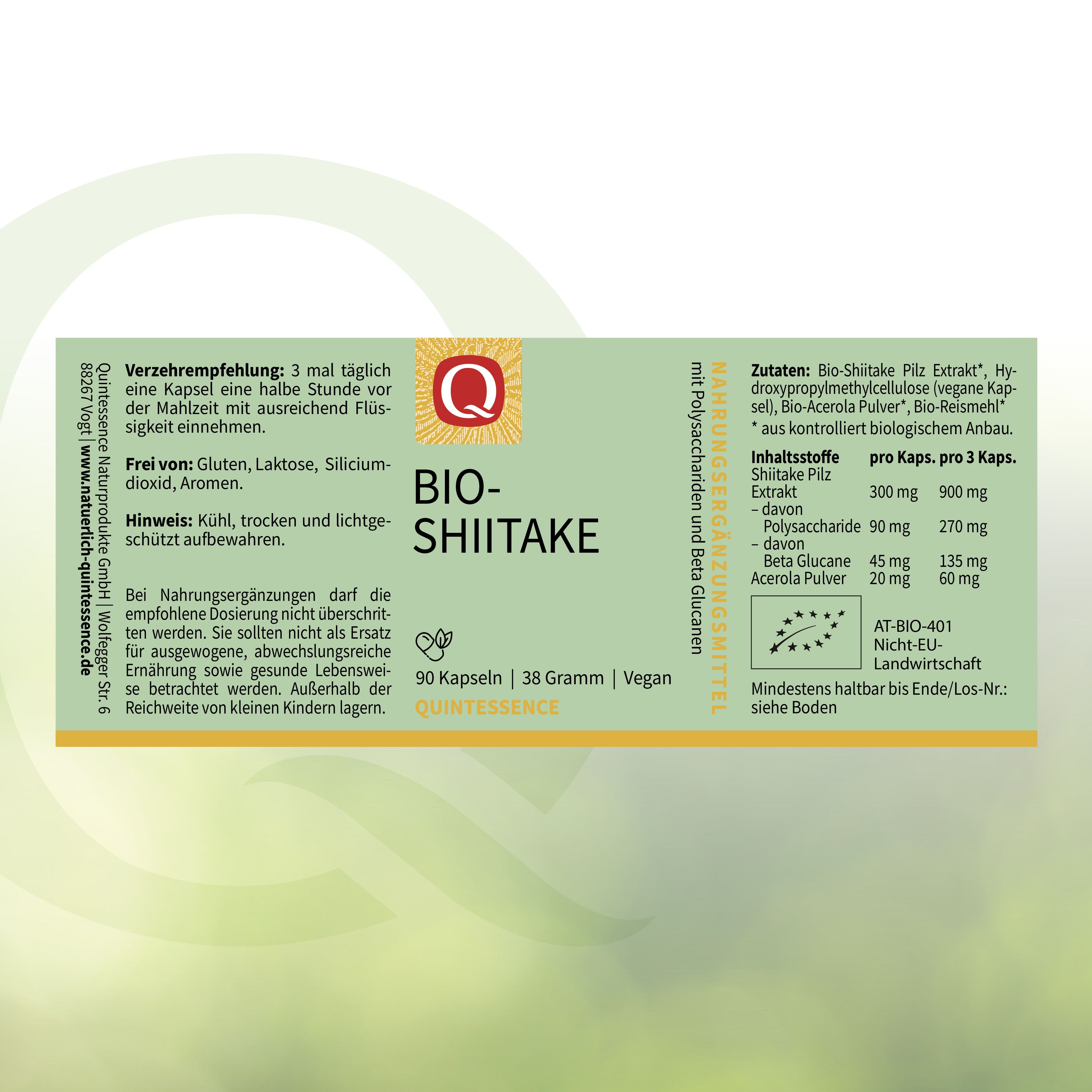 Etikett mit Produktinformationen. Text: Bio-Shiitake, 90 Kapseln, Vegan. Zutaten und Nährwertangaben.