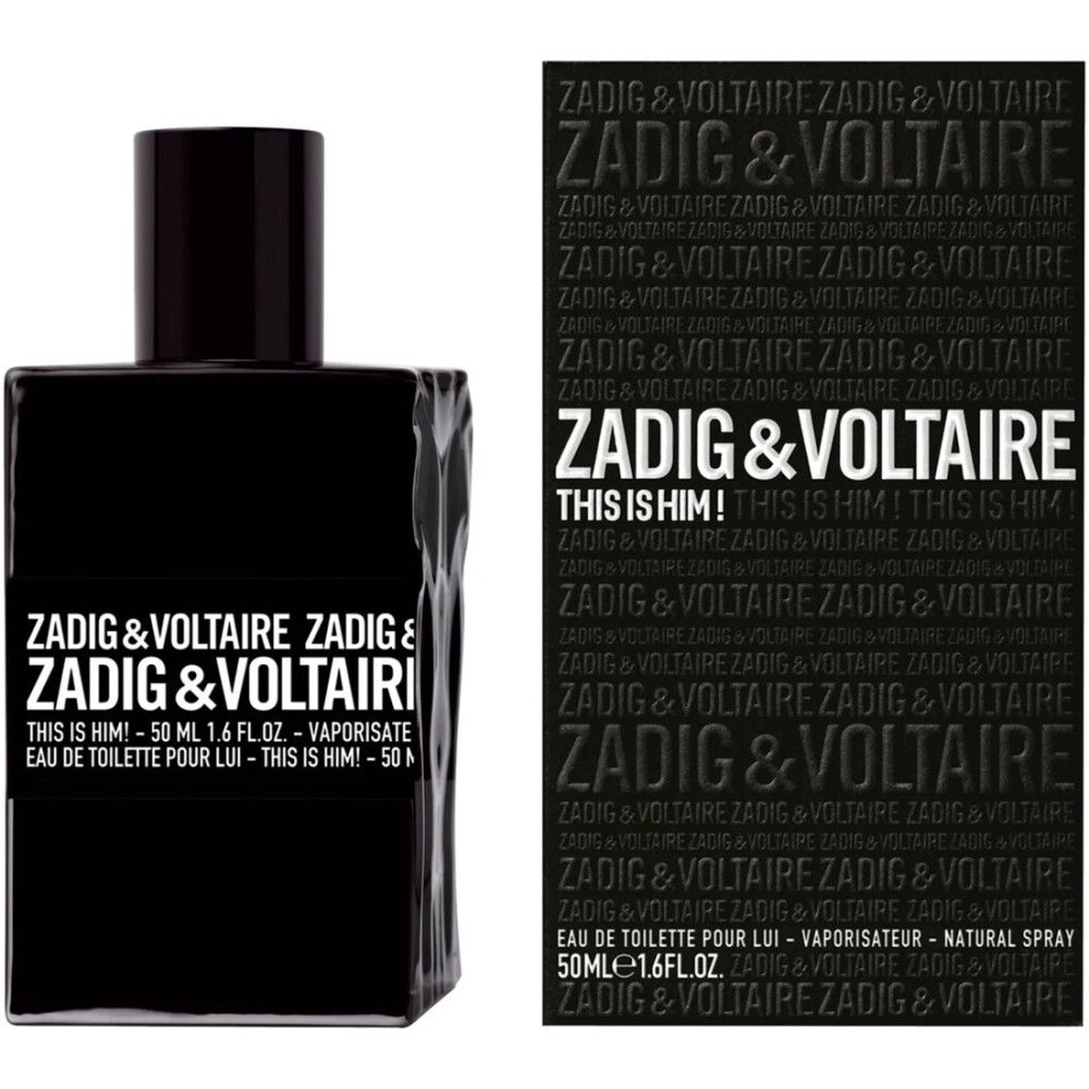 Schwarzer Flakon und Verpackung von Zadig & Voltaire This Is Him Eau de Toilette. Text: Zadig & Voltaire, This Is Him!