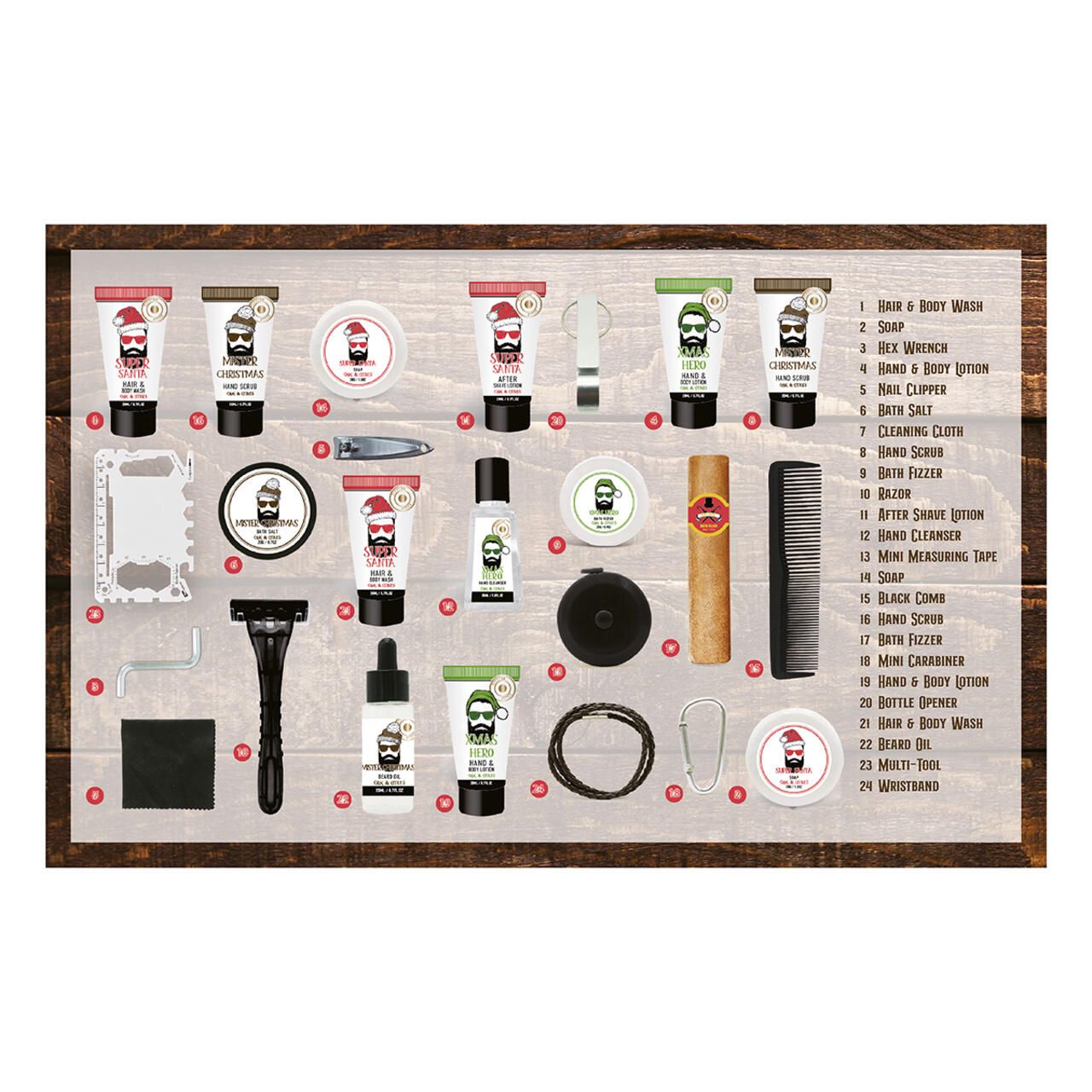 Geöffneter Adventskalender mit 24 Pflegeprodukten und Zubehör. Enthält Rasierer, Bürste, Öl, Creme, Seife, etc. Text: XMAS HERO.