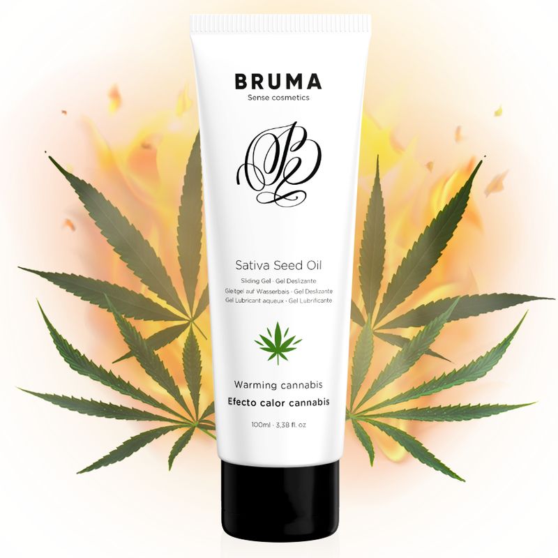 Weiße Tube mit Sativa Seed Oil Aufschrift, Cannabisblatt-Symbol und Flammen-Hintergrund.