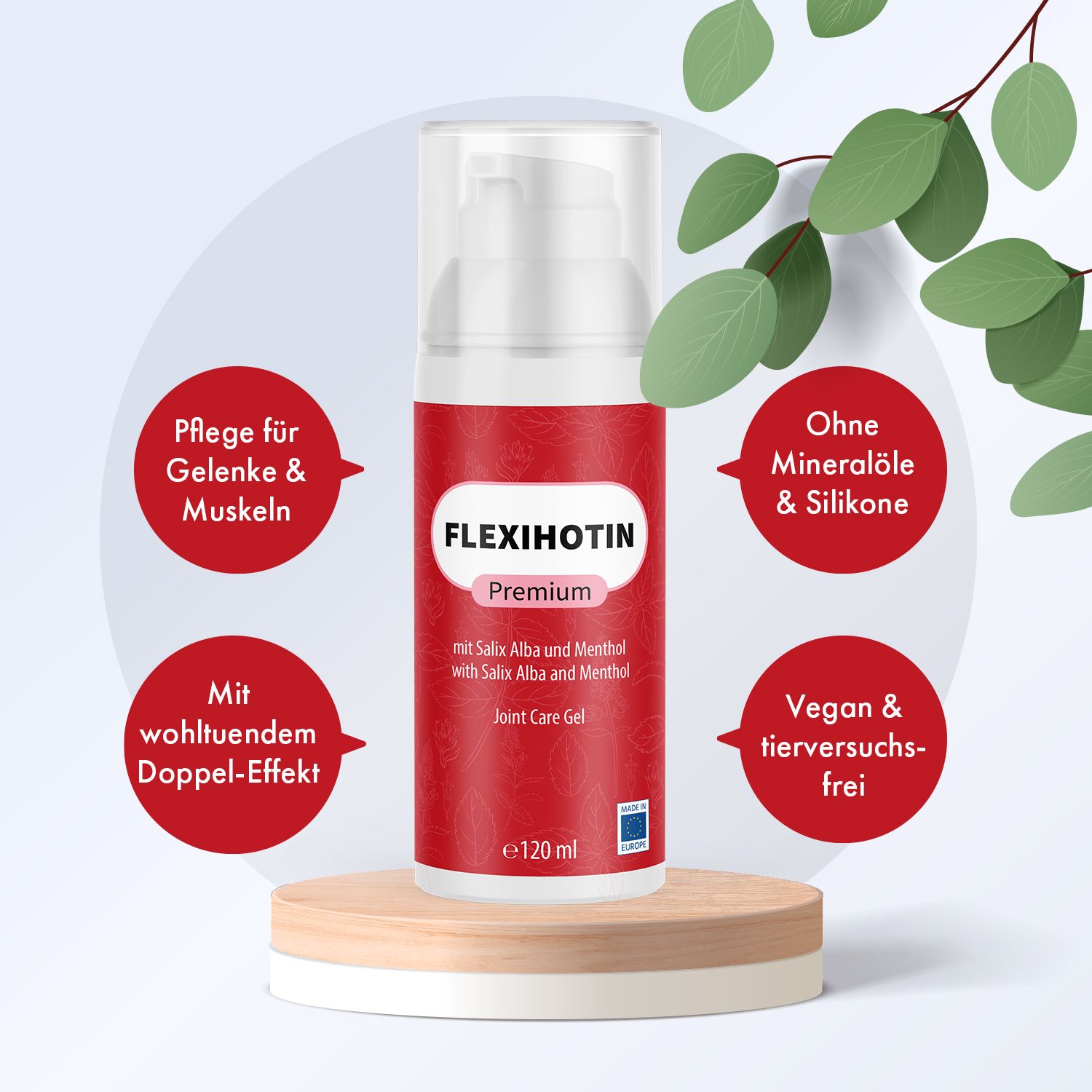 Flexihotin Premium Gel, Flasche auf Podest. Text: Pflege für Gelenke & Muskeln, ohne Mineralöle & Silikone, vegan.