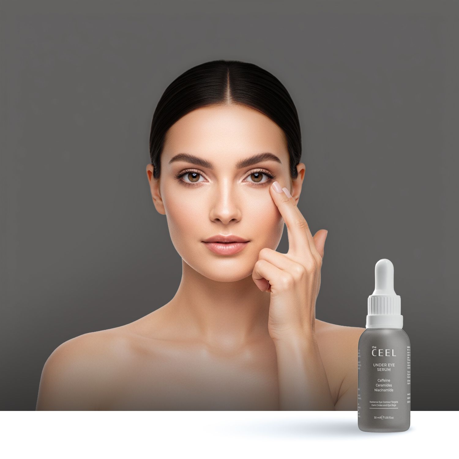 Frau mit Finger am Auge, daneben Flasche THE CEEL UNDER EYE SERUM.