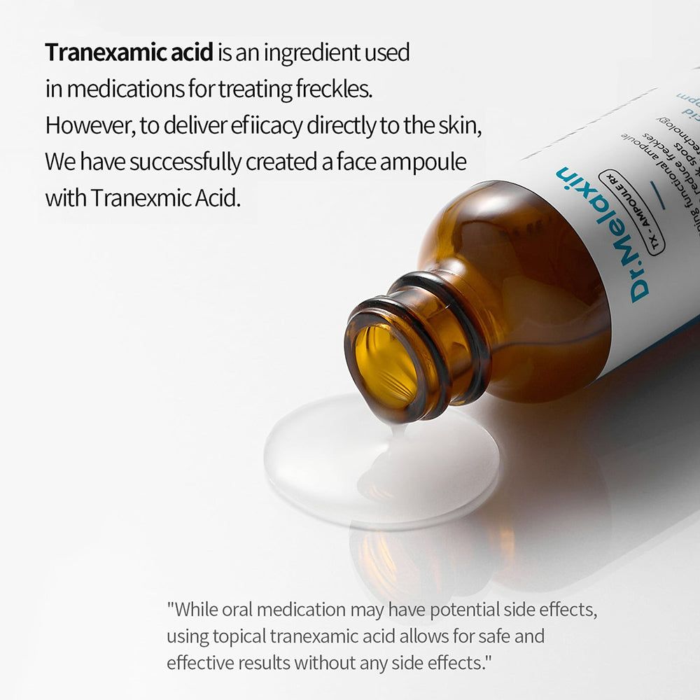 Dr. Melaxin TX Ampulle kippt und gibt Serum ab. Tranexamsäure für die Haut.