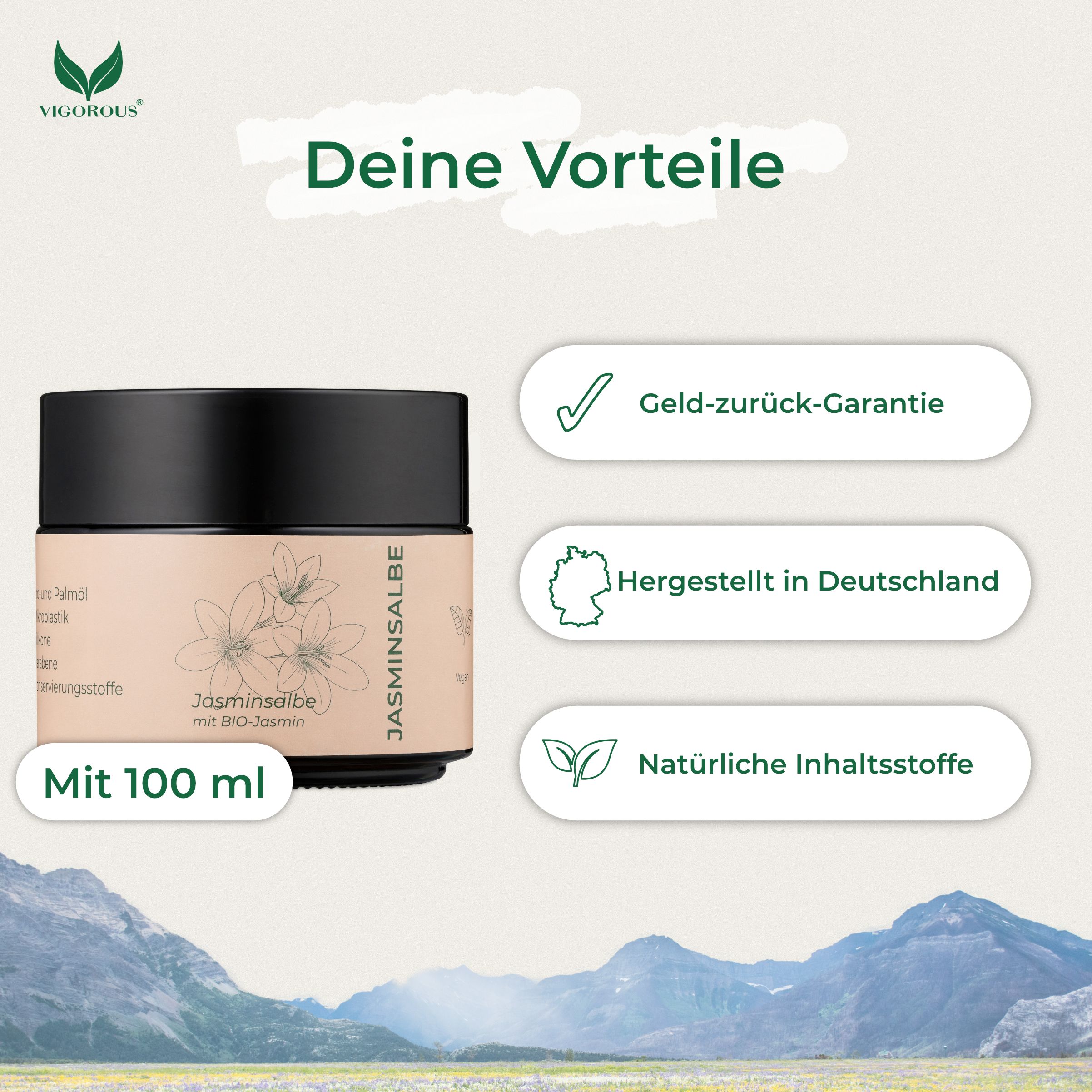 Creme-Dose mit schwarzem Deckel. Text: Jasminsalbe mit BIO-Jasmin. Mit 100 ml. Logos: Geld-zurück-Garantie, Hergestellt in Deutschland, Natürliche Inhaltsstoffe.