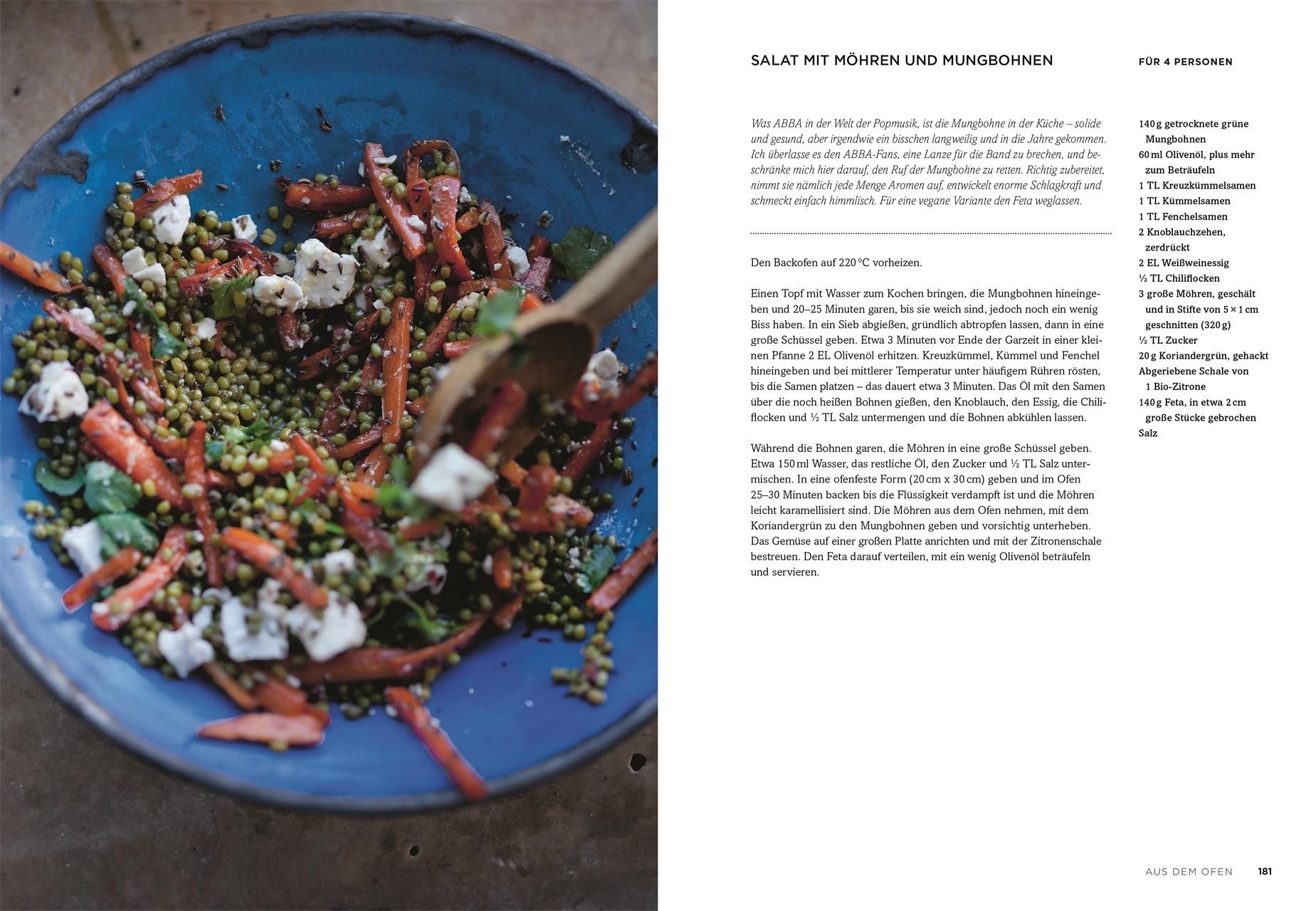 Buchseite mit Rezept und Foto von Salat mit Möhren und Mungobohnen. Text in deutscher Sprache.