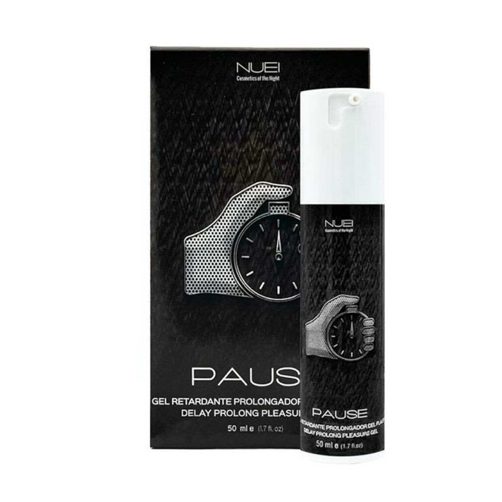 Schwarze Verpackung mit Tube. Aufschrift: Pause, Delay Prolong Pleasure Gel. Hand mit Stoppuhr-Symbol. 50 ml.