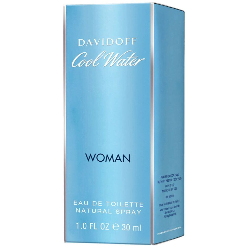 Hellblaue rechteckige Schachtel. Aufschrift: Davidoff Cool Water Woman. Eau de Toilette Natural Spray. 1.0 FL OZ e 30 ml.