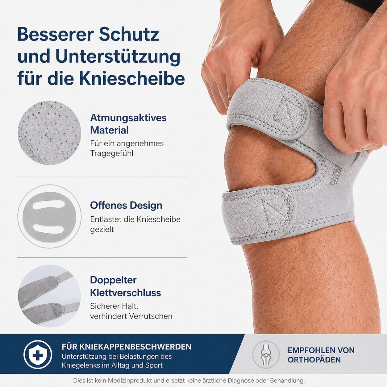 Graue Kniebandage am Knie einer Person. Text: Besserer Schutz und Unterstützung für die Kniescheibe, atmungsaktives Material, offenes Design, Doppelter Klettverschluss.