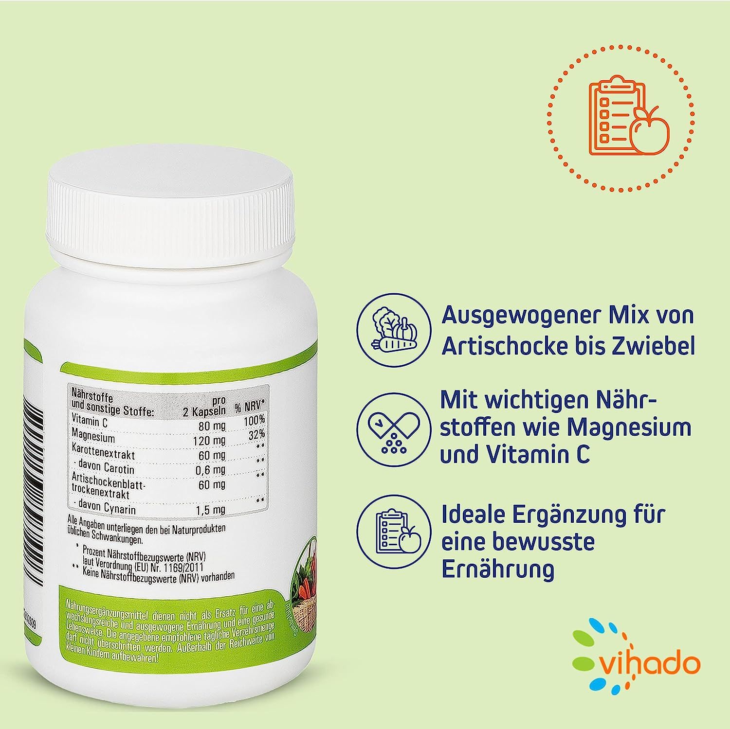 Weiße Flasche mit Kapseln. Aufschrift: Vihado Gemüse Extrakt. Enthält Vitamin C, Magnesium und weitere Nährstoffe. Mit Illustrationen.