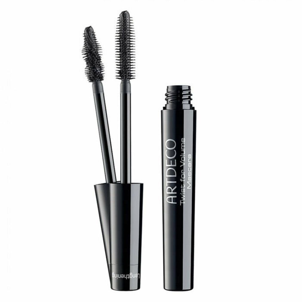 Artdeco Twist for Volume Mascara. Schwarze Mascara-Tube mit zwei Bürsten. Aufschrift: ARTDECO, Twist for Volume Mascara.