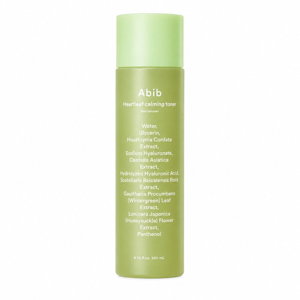 Abib Heartleaf beruhigender Toner, 200ml. Grüne Flasche mit weißem Etikett und Inhaltsstoffen.