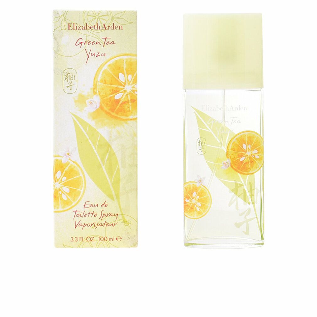 Flakon und Schachtel mit Aufdruck. Aufschrift: Elizabeth Arden Green Tea Yuzu. Abbildung von Zitrusfrüchten und Blättern.
