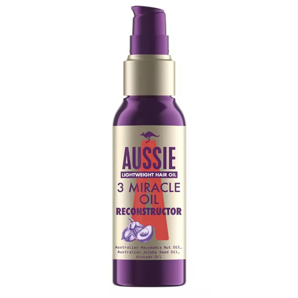 Violette Flasche mit Pumpkopf. Aufschrift: Aussie 3 Miracle Oil Reconstructor. Enthält Macadamia-, Jojoba- und Avocadoöl.