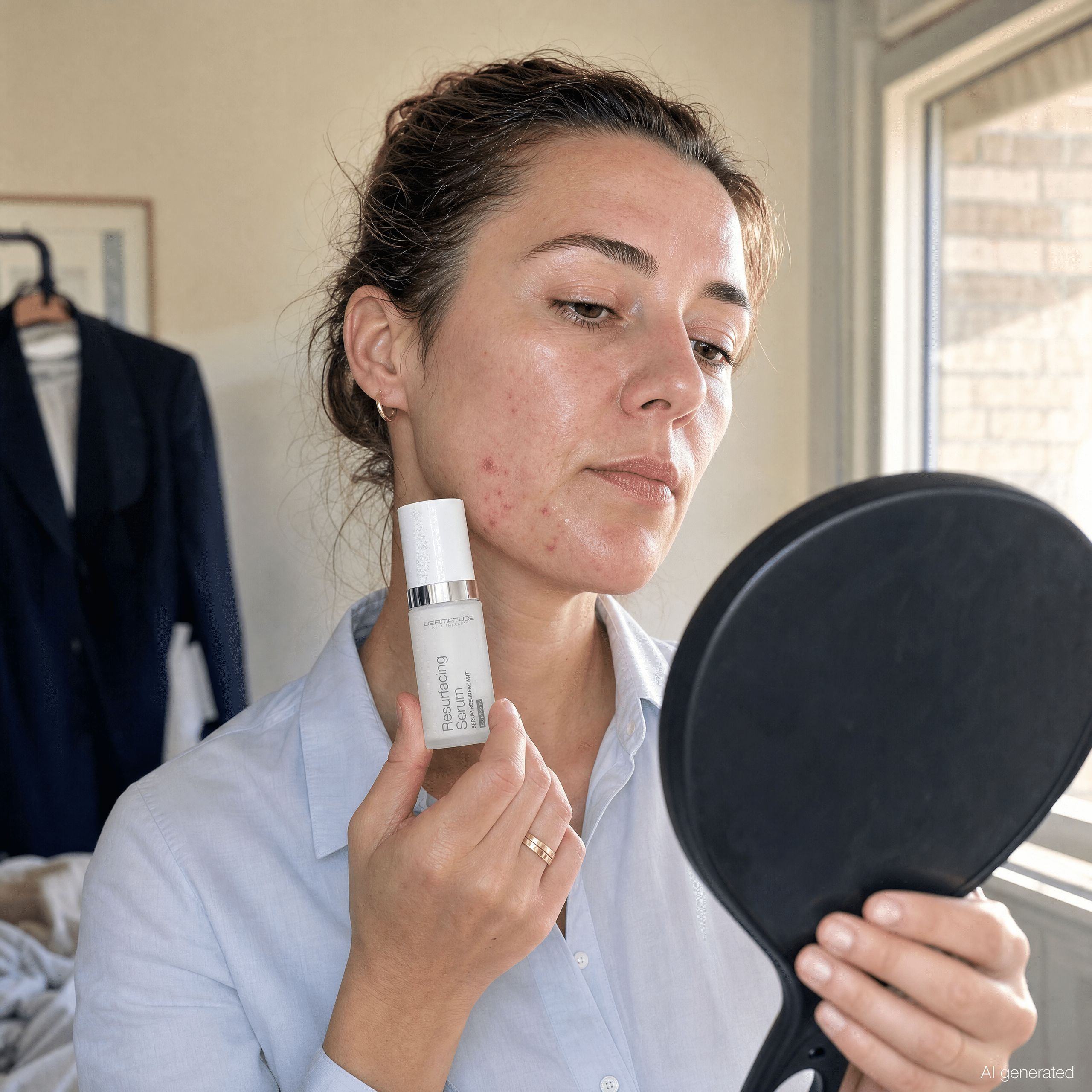 Frau mit Hautproblemen hält eine Flasche Serum und einen Spiegel.