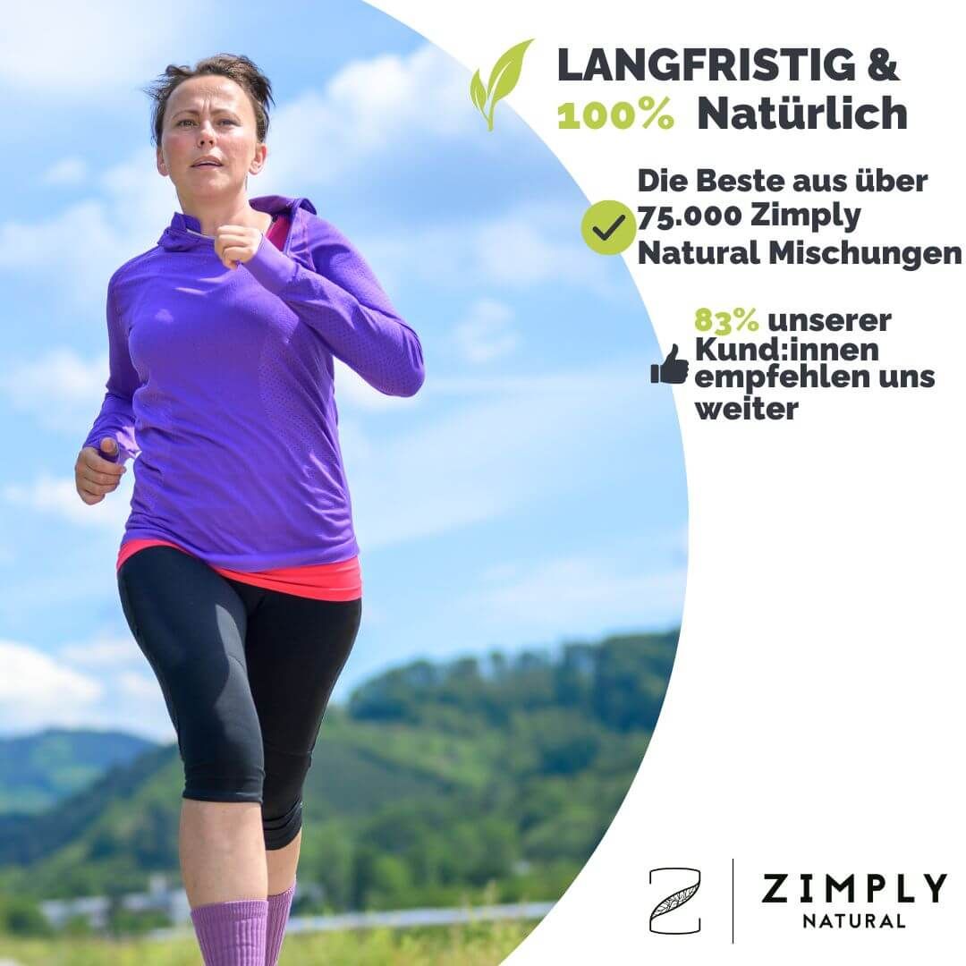 Läuferin in lila Oberteil und schwarzer Hose. Text: LANGFRISTIG & 100% Natürlich. 83% unserer Kunden empfehlen uns weiter. Logo: ZIMPLY NATURAL.