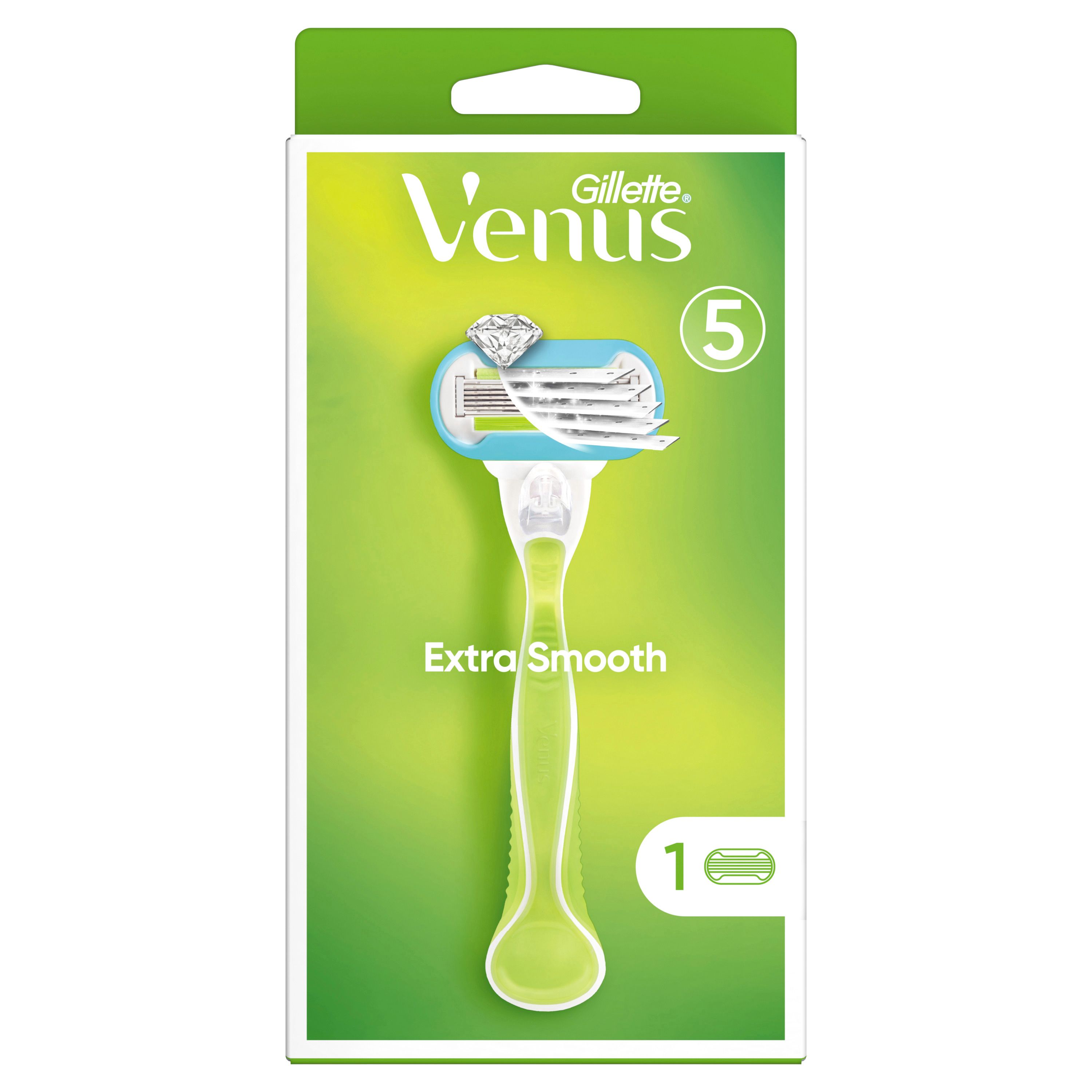 Gillette Venus Rasierapparat mit Ersatzklinge. Grün-weißes Design. "Extra Smooth" Schriftzug. Verpackung mit Produktabbildung.