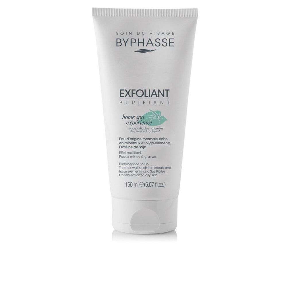 Weiße Tube mit Produktaufschrift. Text: BYPHASSE, EXFOLIANT PURIFIANT, home spa experience. Enthält Mineralien und Spurenelemente. Für fettige Haut.