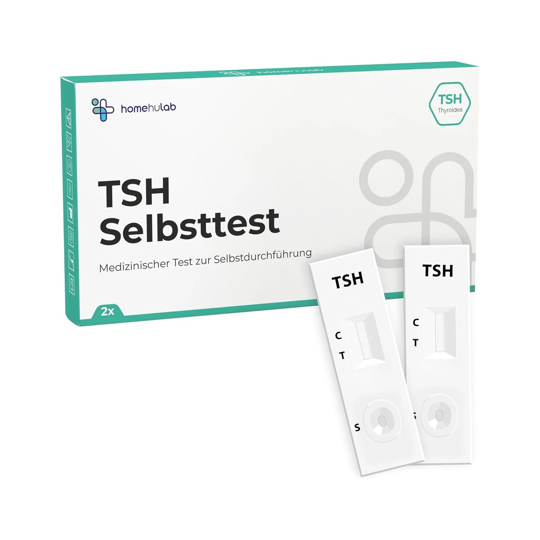 TSH Selbsttest-Box mit zwei Teststreifen. Medizinischer Test zur Selbstdurchführung. Logo homehulab.