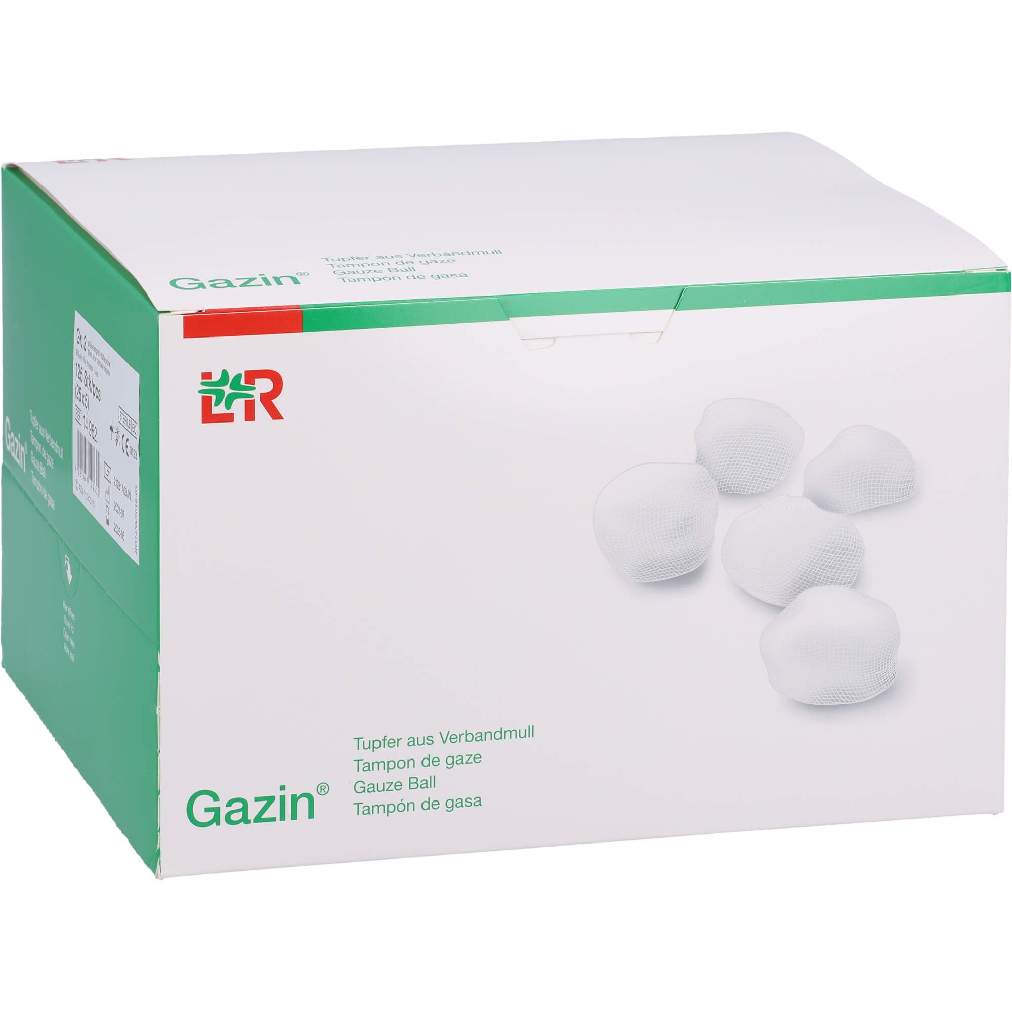 Karton mit Gazin-Logo und Produktbezeichnung. Weiße Tupfer liegen neben der Verpackung. Grüne Akzente.