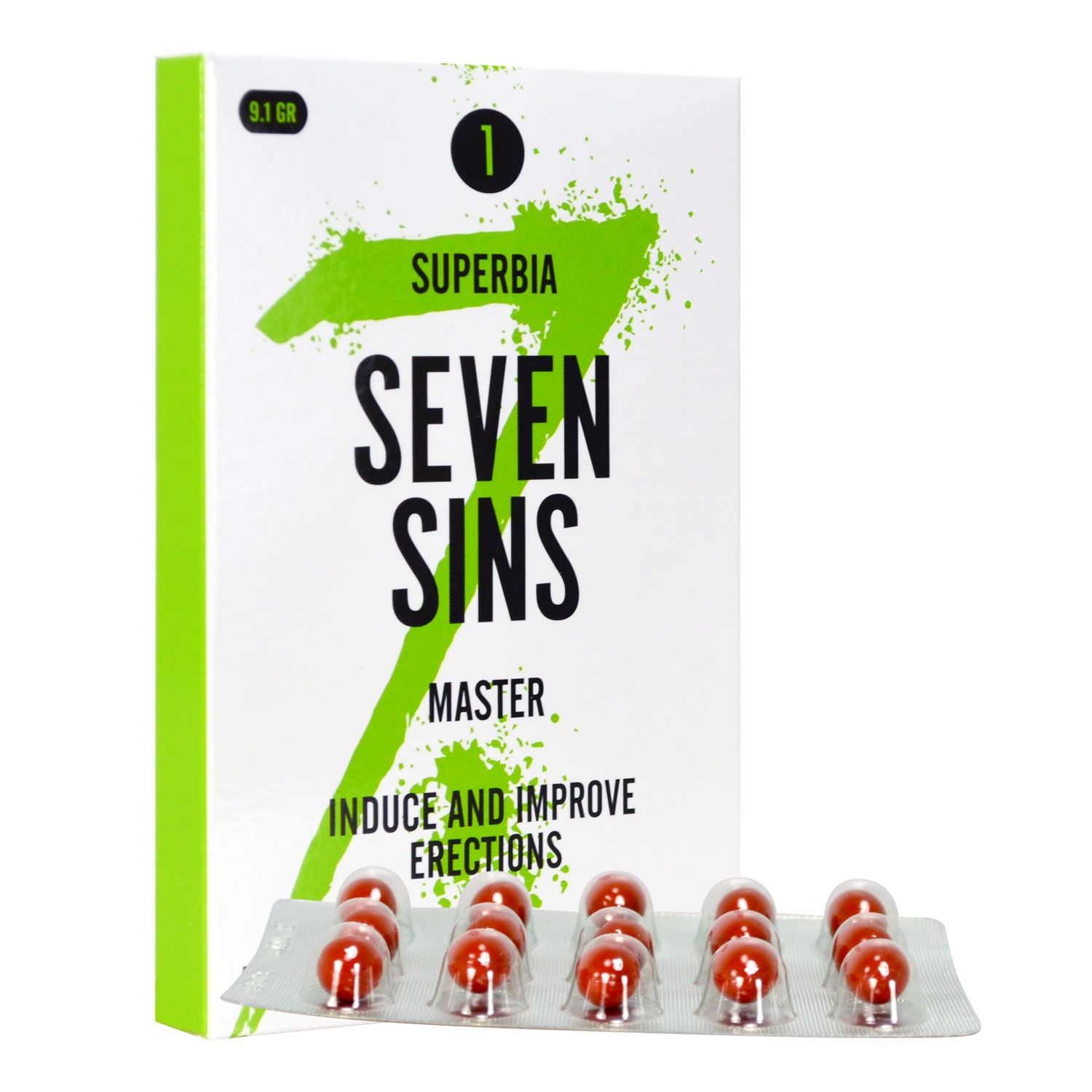 Schachtel mit Kapseln. Aufschrift: SUPERBIA SEVEN SINS MASTER. Blisterpackung mit roten Kapseln.