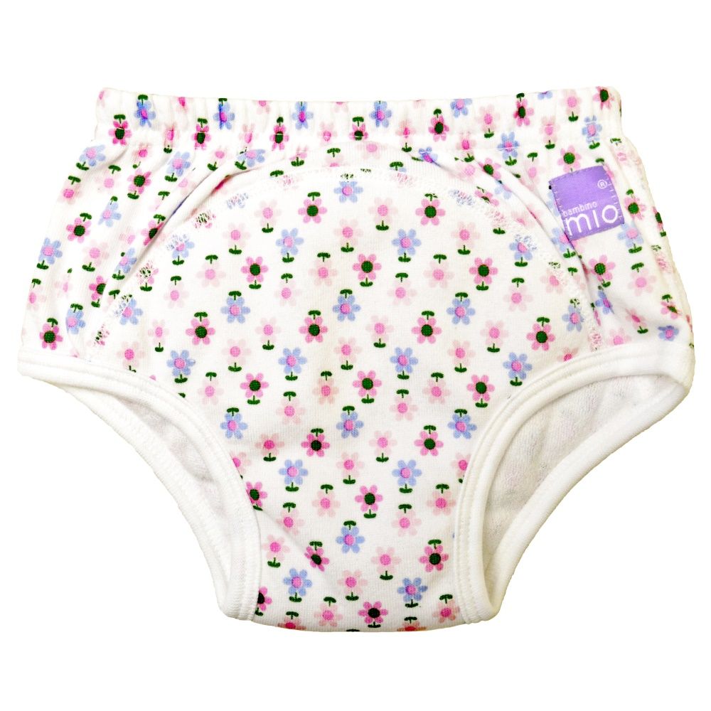 Trainingshöschen mit Blumenmuster. Weißer Stoff mit rosa, blauen und grünen Blumen. Label mit "Bambino Mio".