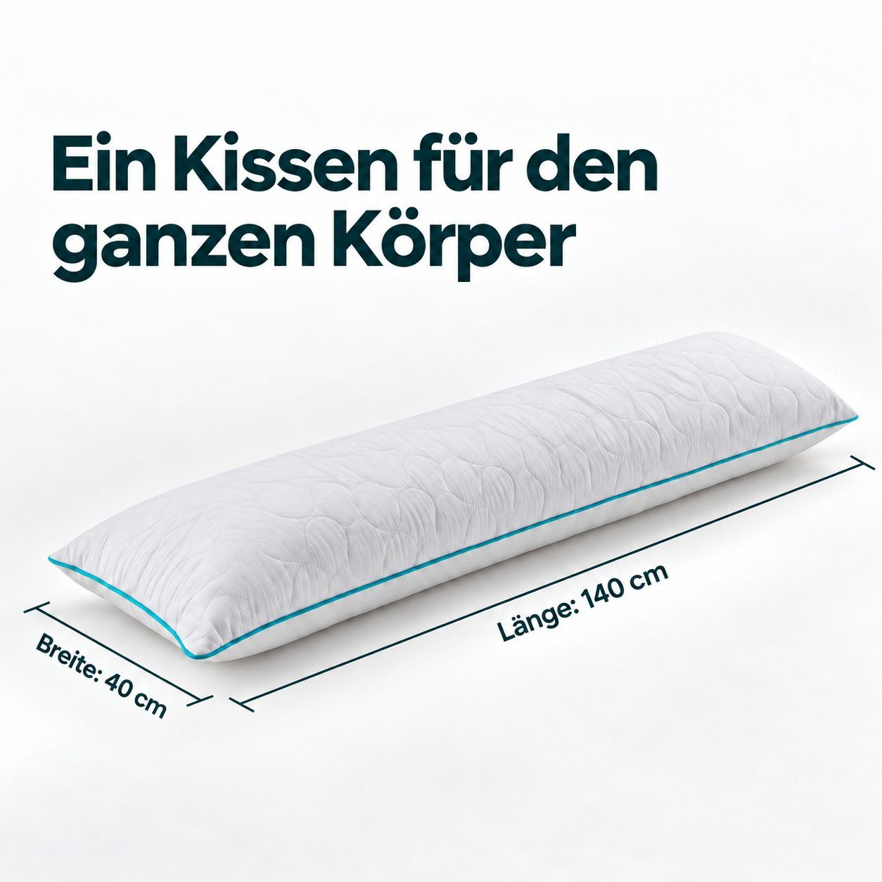 Langes Kissen, 140 cm lang und 40 cm breit, mit gesteppter Oberfläche und blauem Rand.