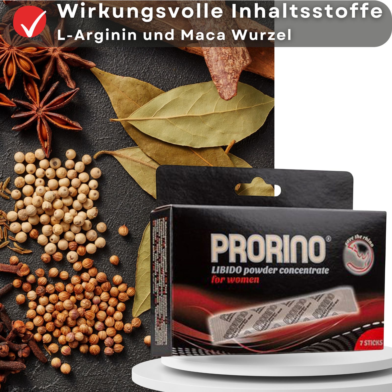 Produktverpackung neben Gewürzen. Enthält 7 Sticks. "Libido powder concentrate for women".