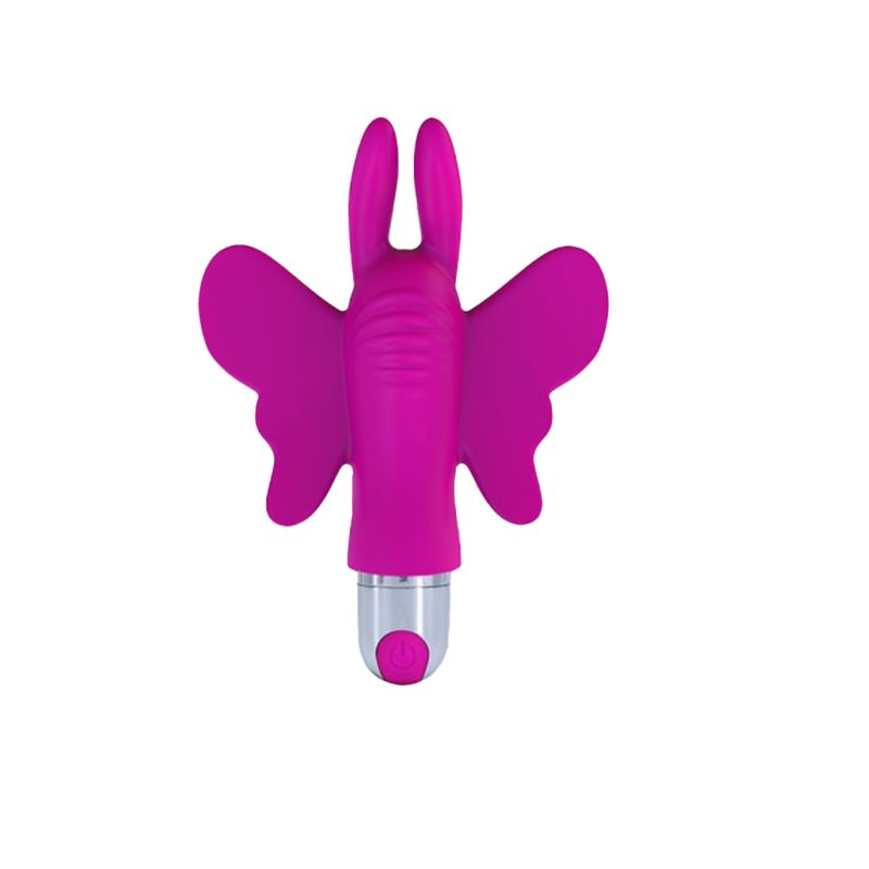 Rosa Fingervibrator in Schmetterlingsform. Zwei Flügel, zylindrischer Teil mit Knopf.