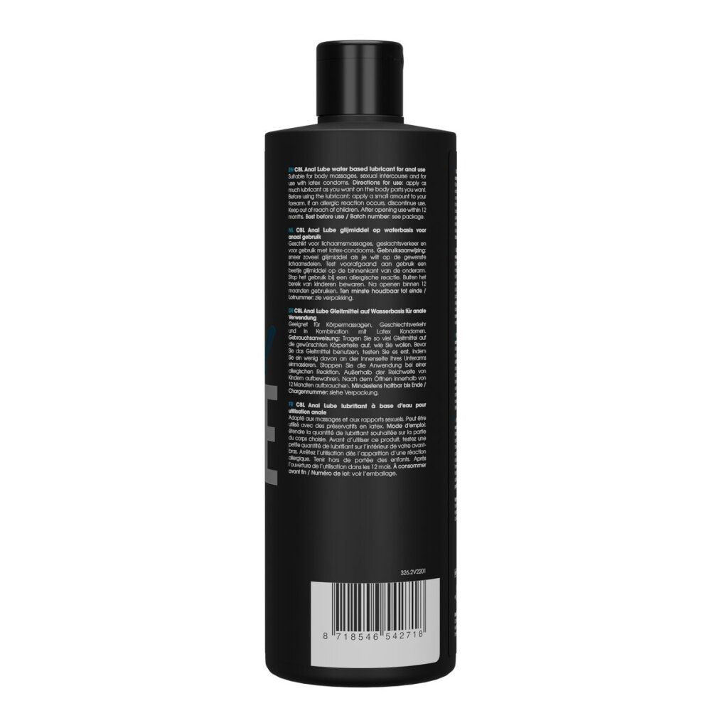 Rückseite einer schwarzen Flasche. Text in mehreren Sprachen, Barcode und Produktinformationen.