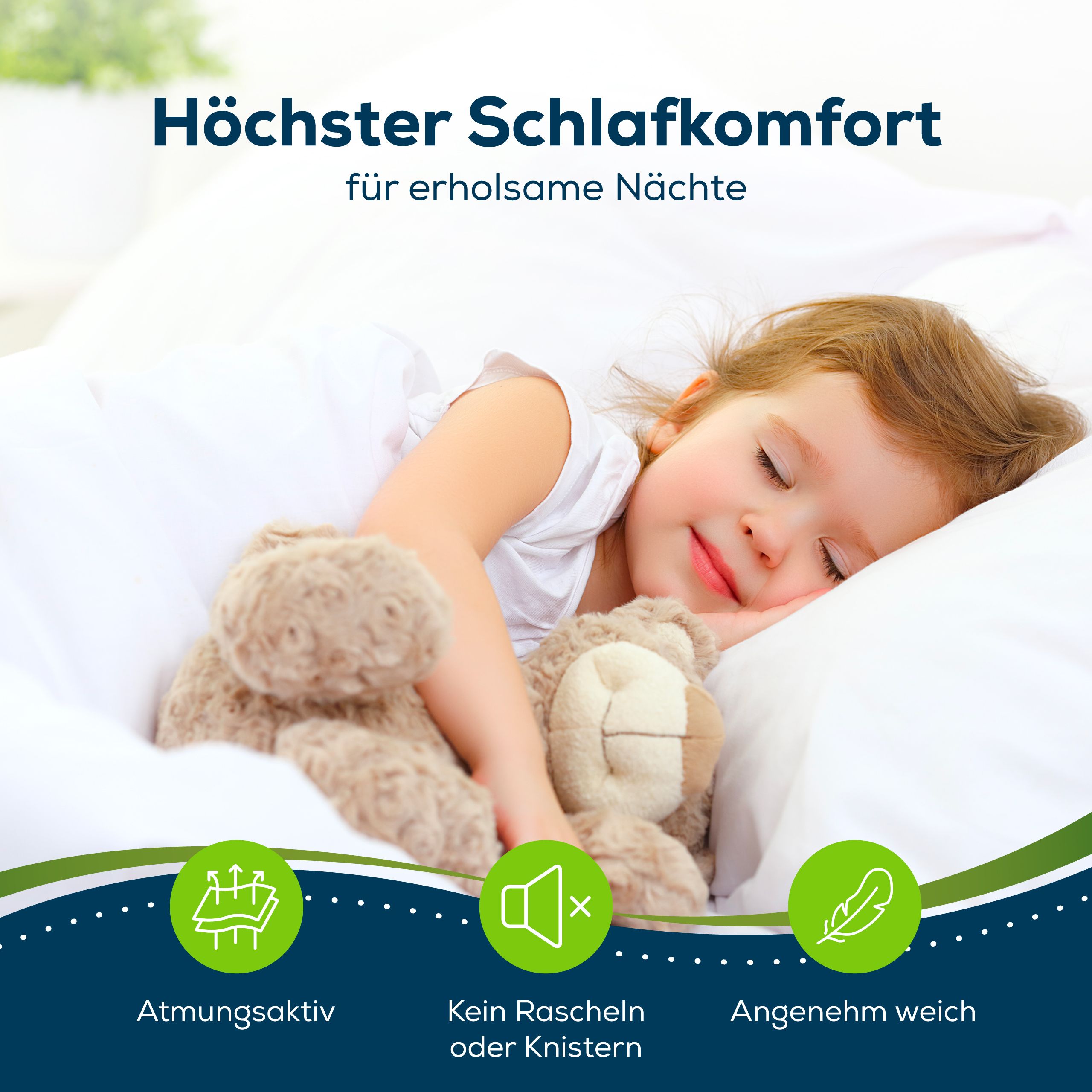 Kind schläft auf weißem Bettlaken. Text: Höchster Schlafkomfort. Symbole: atmungsaktiv, geräuscharm, weich.