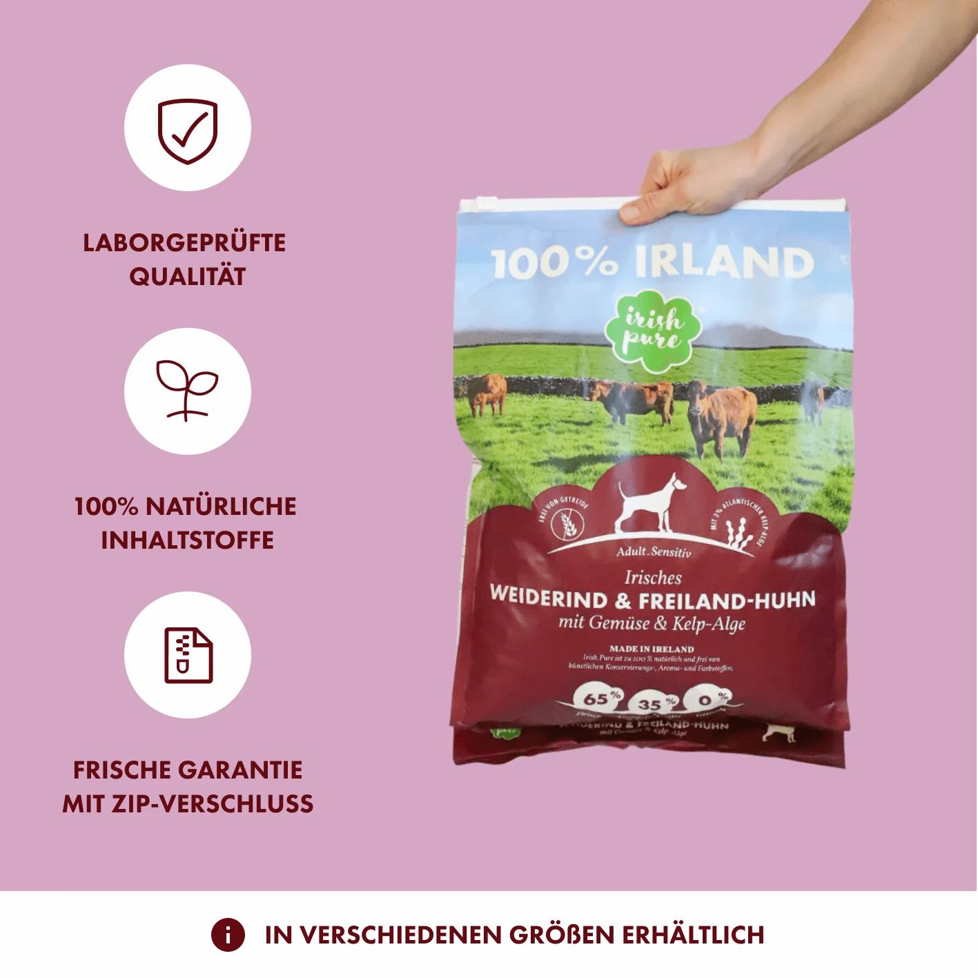 Hundefutter-Sack Irish Pure, gehalten von einer Hand, mit Siegeln für Laborqualität, natürliche Inhaltsstoffe und Frischegarantie.