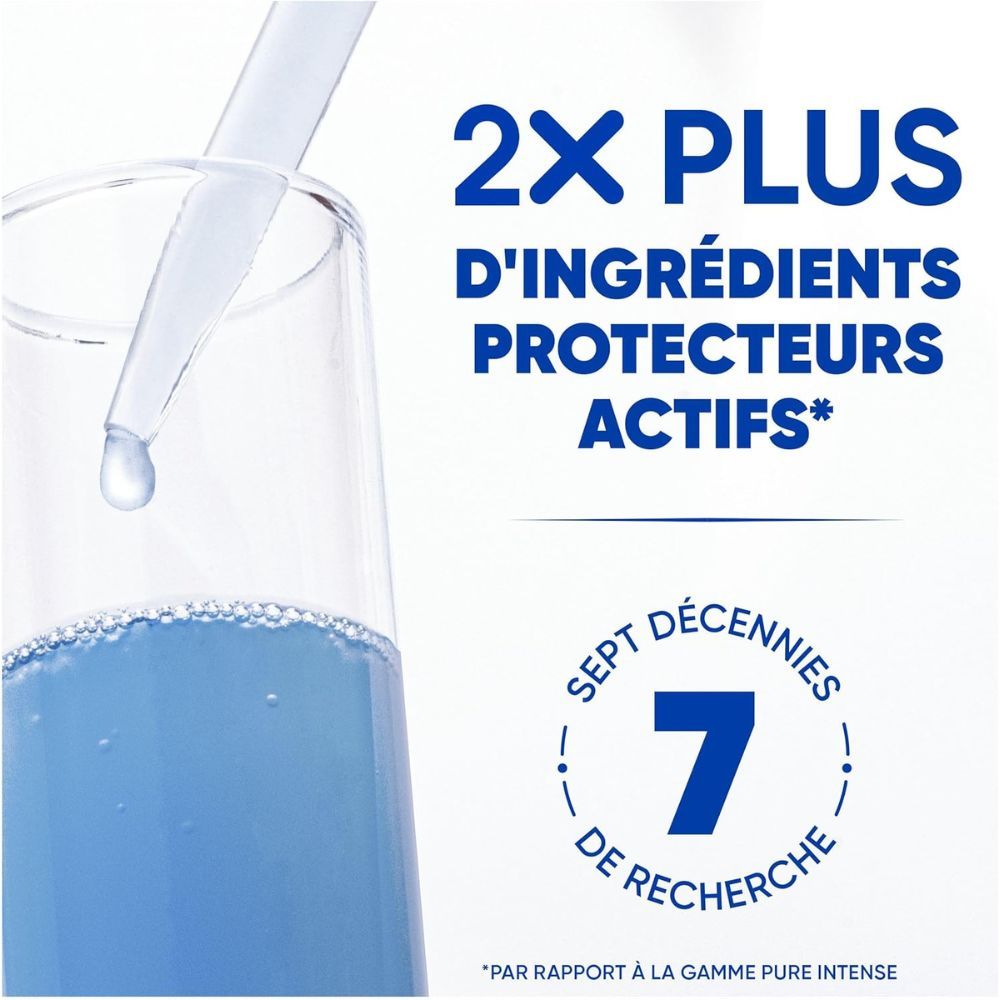 Deux pipettes dans un verre. Texte: 2X plus d'ingrédients actifs. 7 décennies de recherche.