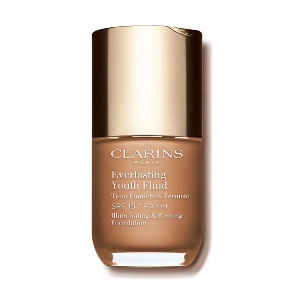 EVERLASTING YOUTH Fluid von Clarins. Braune Flasche mit goldenem Deckel. Text: Everlasting Youth Fluid, SPF 15/PA+++.