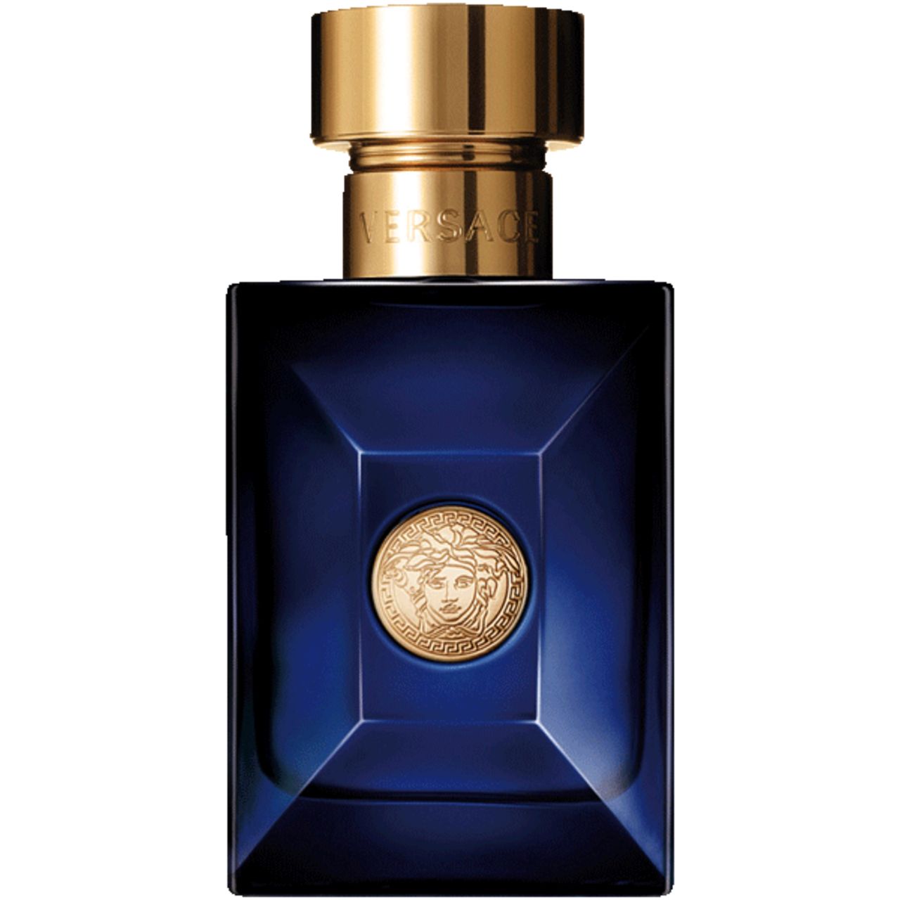 Versace Dylan Blue Eau de Toilette Flakon. Dunkelblauer Glasflakon mit goldenem Verschluss und Medusa-Emblem.