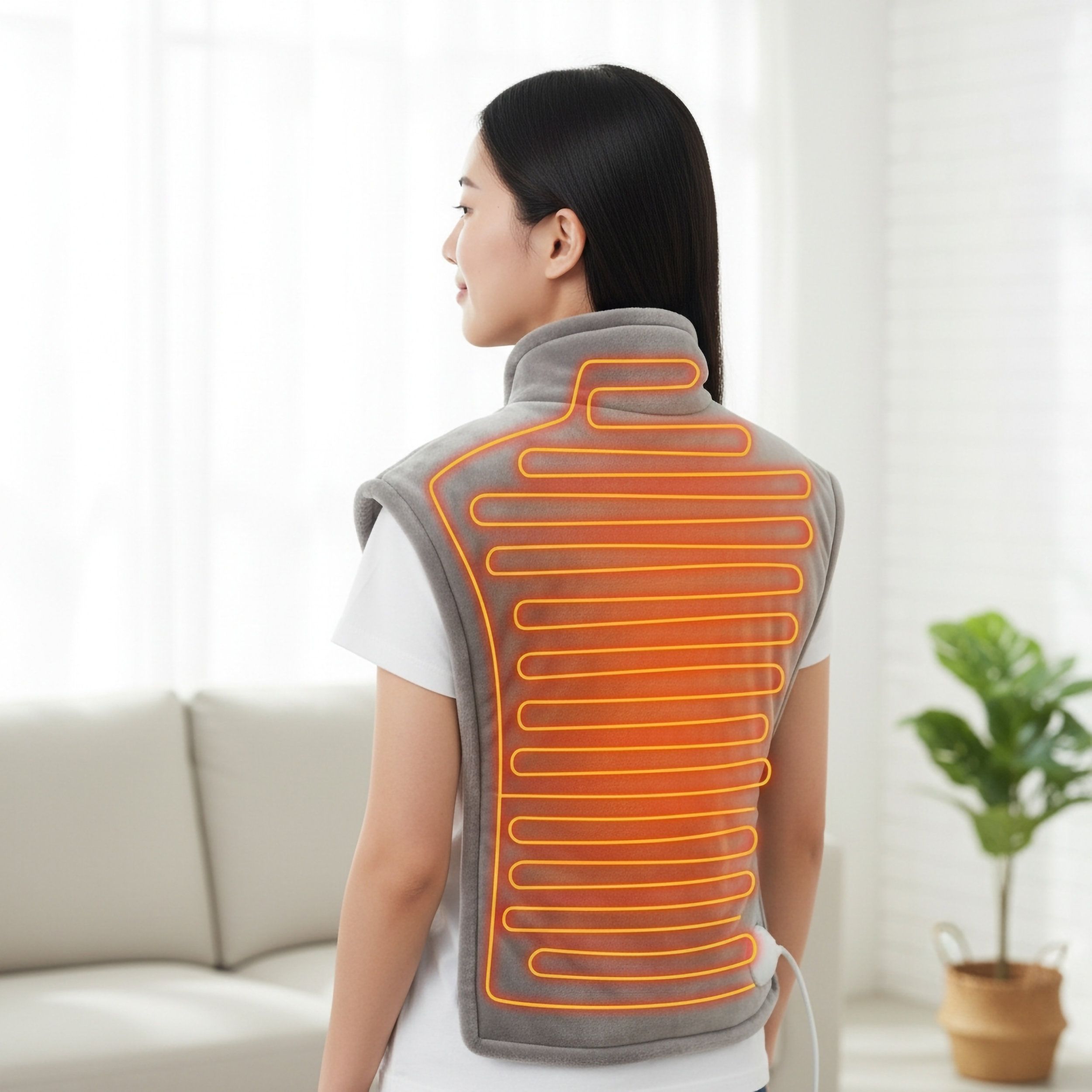 Grauer Wärmeschal mit Heizdrähten, getragen von einer Frau. Der Schal bedeckt den Nacken und die Schultern.