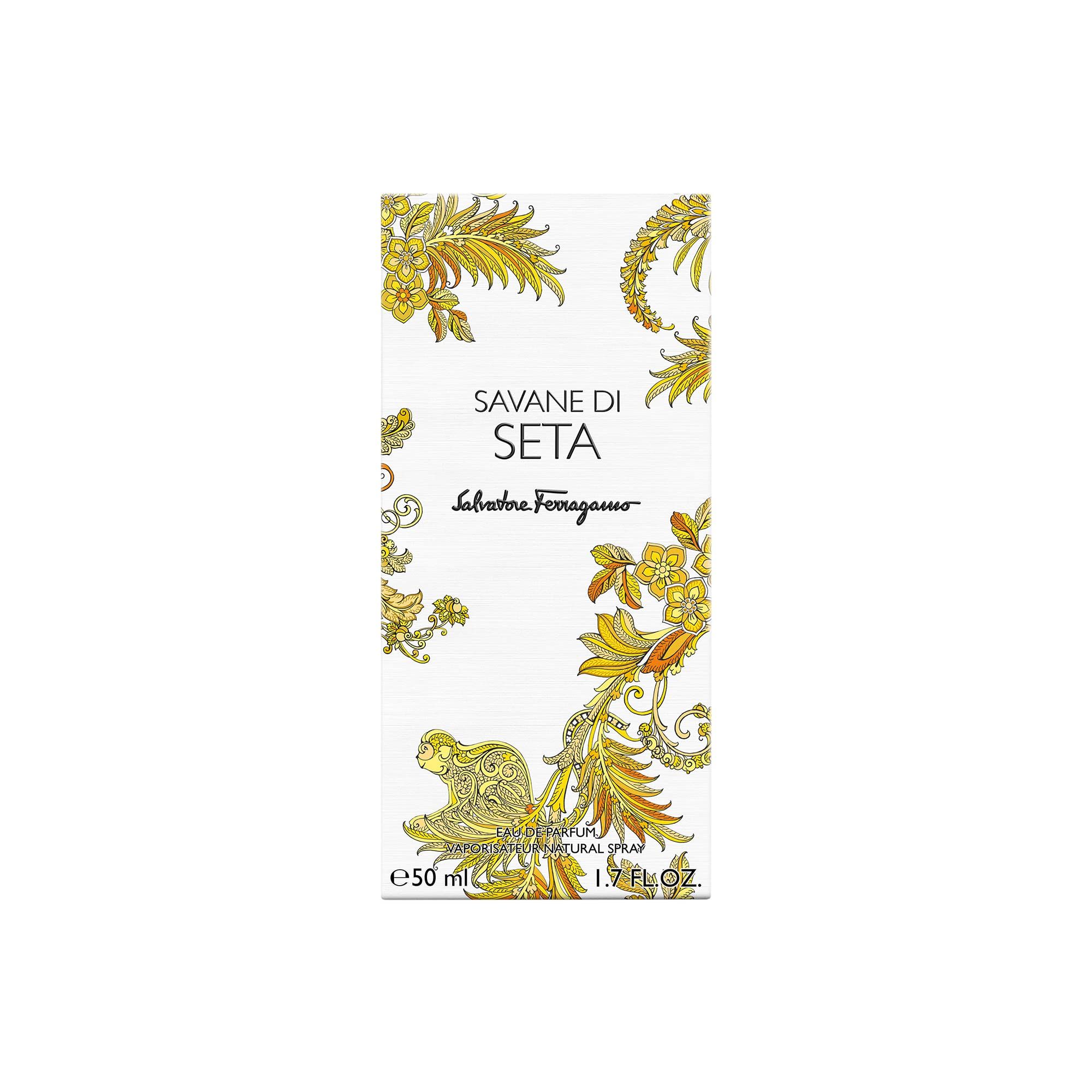 Verpackung Savane di Seta von Salvatore Ferragamo. Weiß, goldfarbene Verzierungen, Text, Produktbezeichnung.