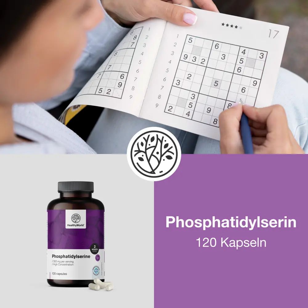 Person spielt Sudoku. Daneben Flasche mit lila Etikett: Phosphatidylserin, 120 Kapseln. Logo HealthyWorld.