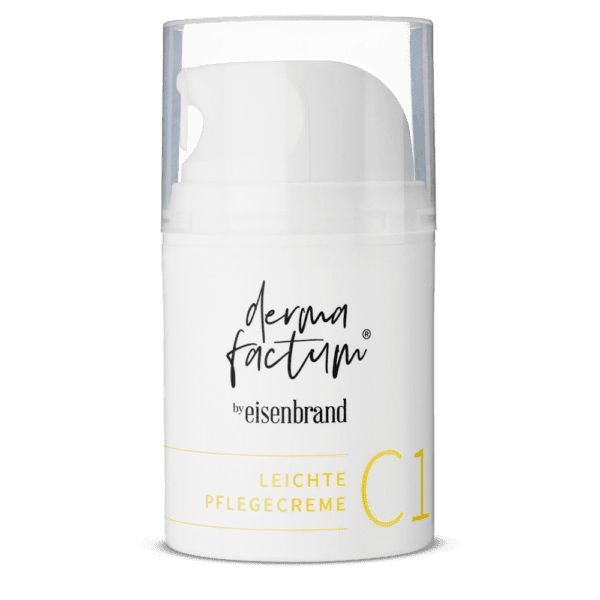 Weiße Flasche mit Pumpverschluss. Aufschrift: Dermafactum, by eisenbrand, Leichte Pflegecreme, C1.