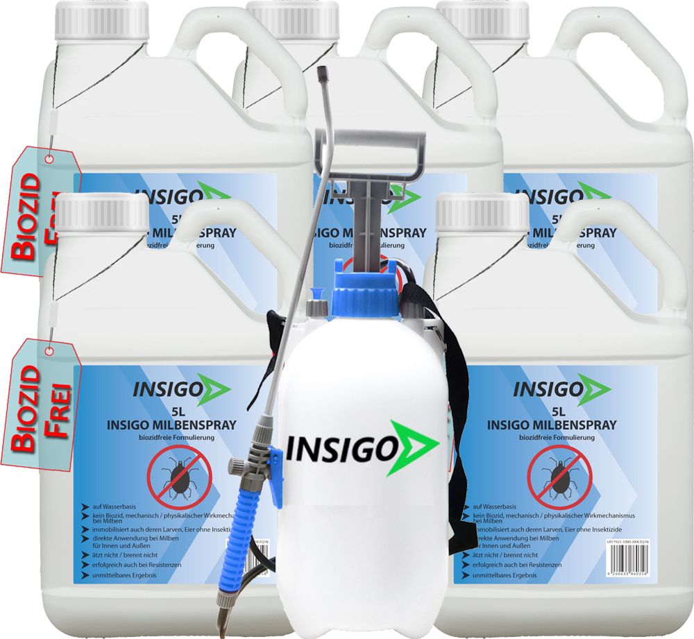 INSIGO Milbenspray 5L Kanister mit Sprühgerät. BIOZID FREI Siegel.