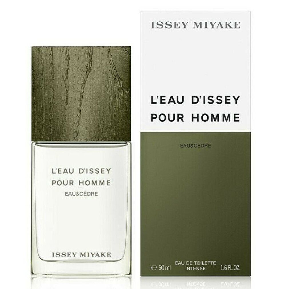 Flakon und Verpackung von L'Eau d'Issey pour Homme Eau & Cèdre. Holzdeckel, weißes Etikett, grüne Akzente. Text: Issey Miyake.