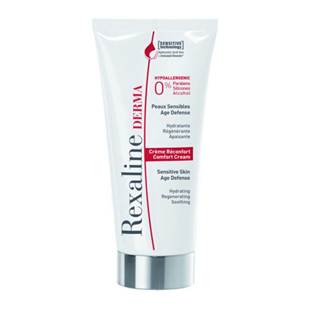 Weiße Tube mit silbernem Deckel. Aufschrift: Rexaline Derma, Crème Réconfort, Sensitive Skin Age Defense, 0% Parfums, Silikone, Alkohol.