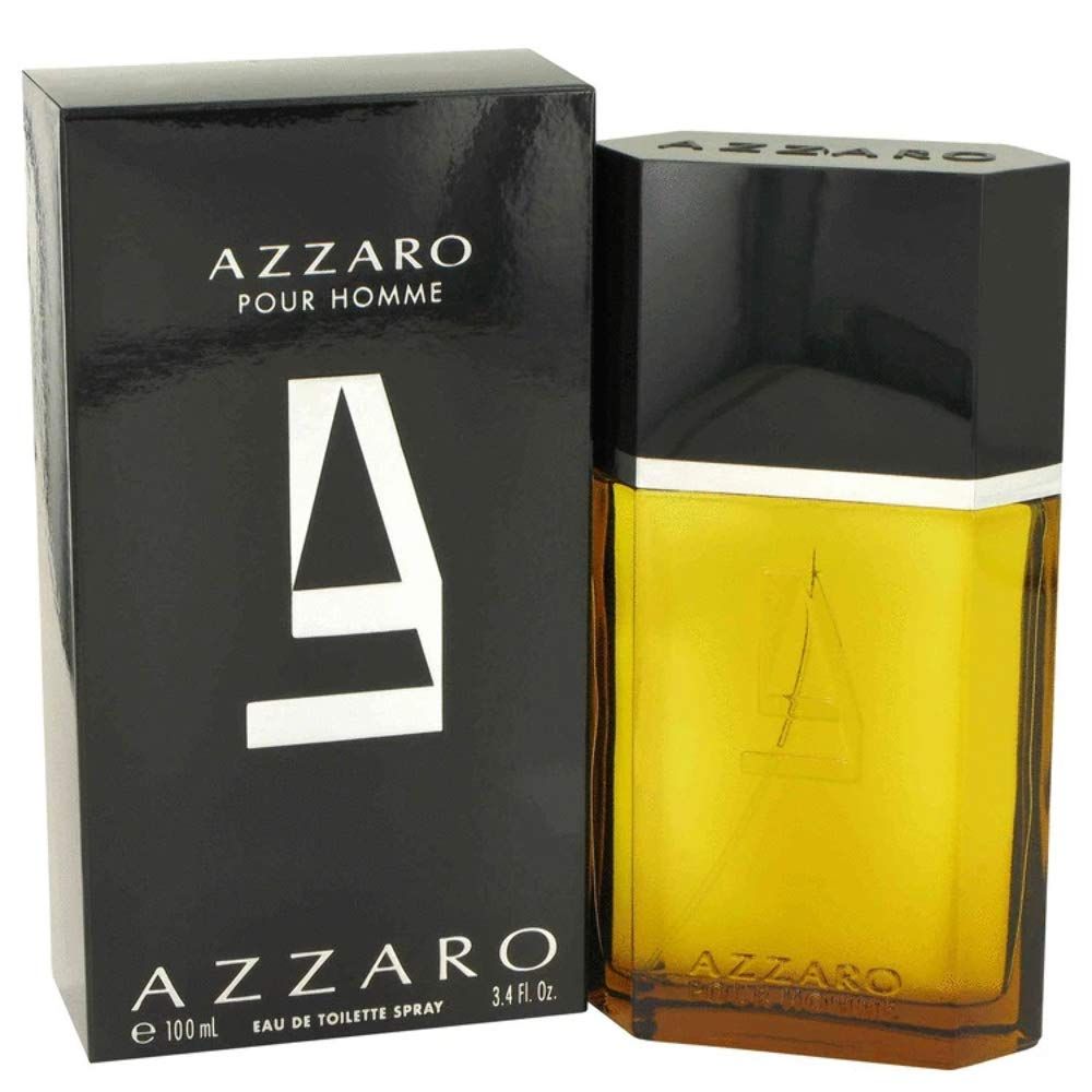 Azzaro Pour Homme Eau de Toilette Spray. Schwarze Schachtel und Flakon. Flakon mit gelber Flüssigkeit. 100ml.