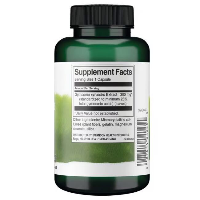 Rückseite der grünen Flasche. Etikett mit Nährwertangaben. Gymnema Sylvestre Extrakt, 300 mg pro Kapsel.