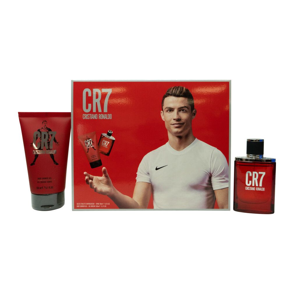 Geschenkset mit CR7-Produkten. Enthält Eau de Toilette, Duschgel und Cristiano Ronaldo-Abbildung auf der Verpackung.