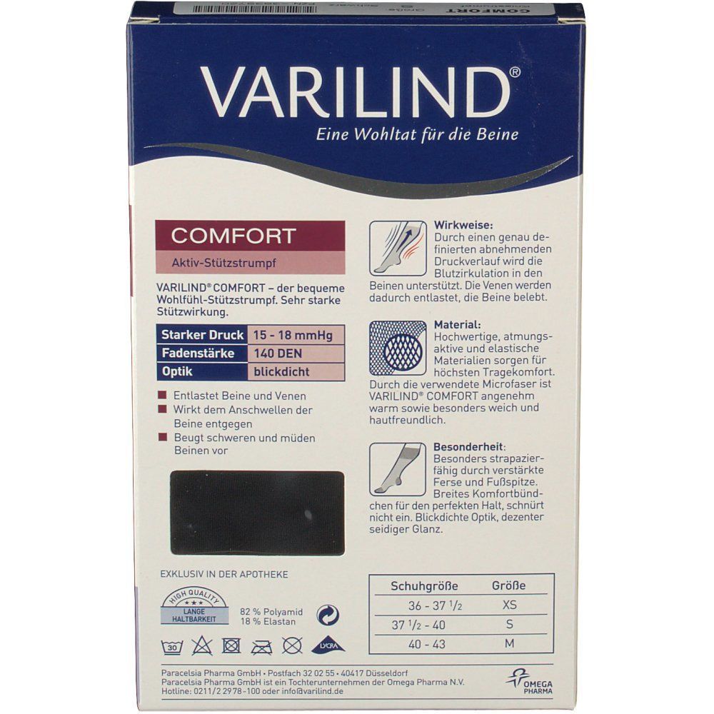 Verpackung von VARILIND® Comfort Stützstrümpfen. Schwarze Schrift auf blauem Hintergrund. Enthält Informationen zu Druck und Material.