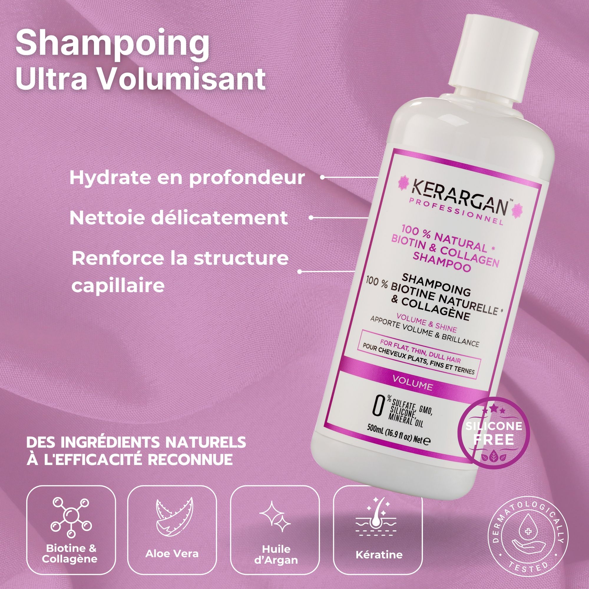 Flacon de shampooing Kerargan. Blanc avec étiquette rose. Texte : Biotine & Collagène. Volume & Brillance. 500ml.