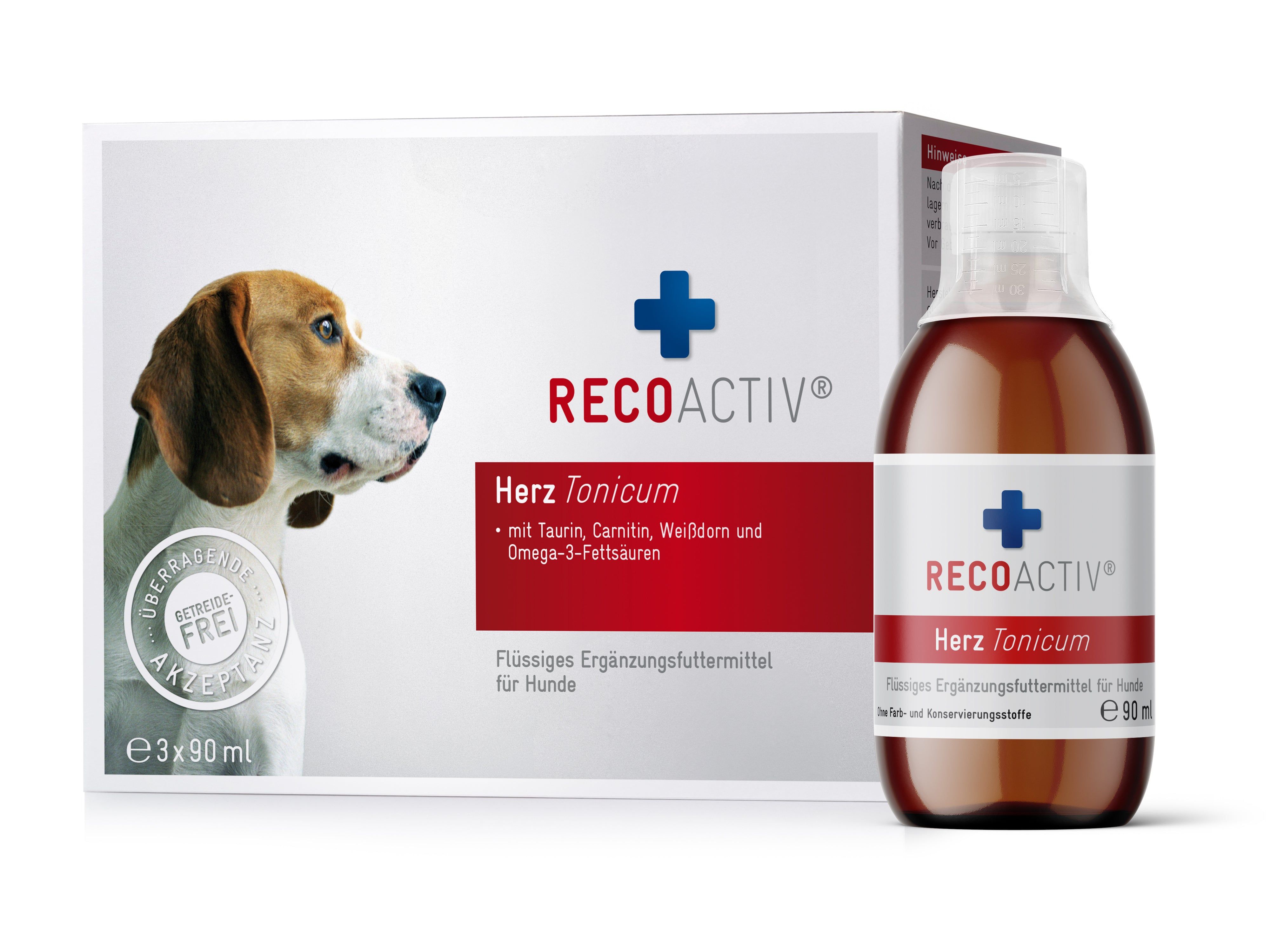 Flasche und Verpackung von RECOACTIV® Herz Tonicum. Flasche mit roter Flüssigkeit, Etikett mit Produktnamen. Box mit Hund und Produktlogo.